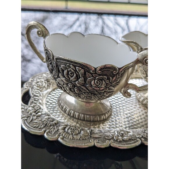 Silverplate Embossed Floral Vtg Sugar Bowl Creamer w Tray White Porcelain Rare - Picture 5 of 16